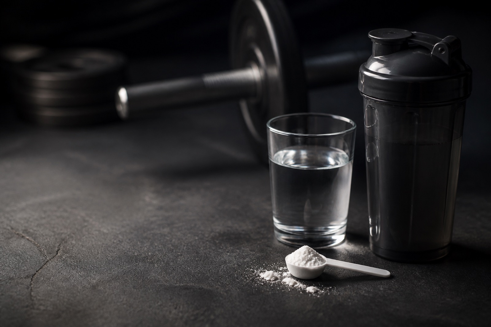 Vitt kreatinmonohydrat i pulverform på en mörk yta bredvid ett glas vatten och en shaker