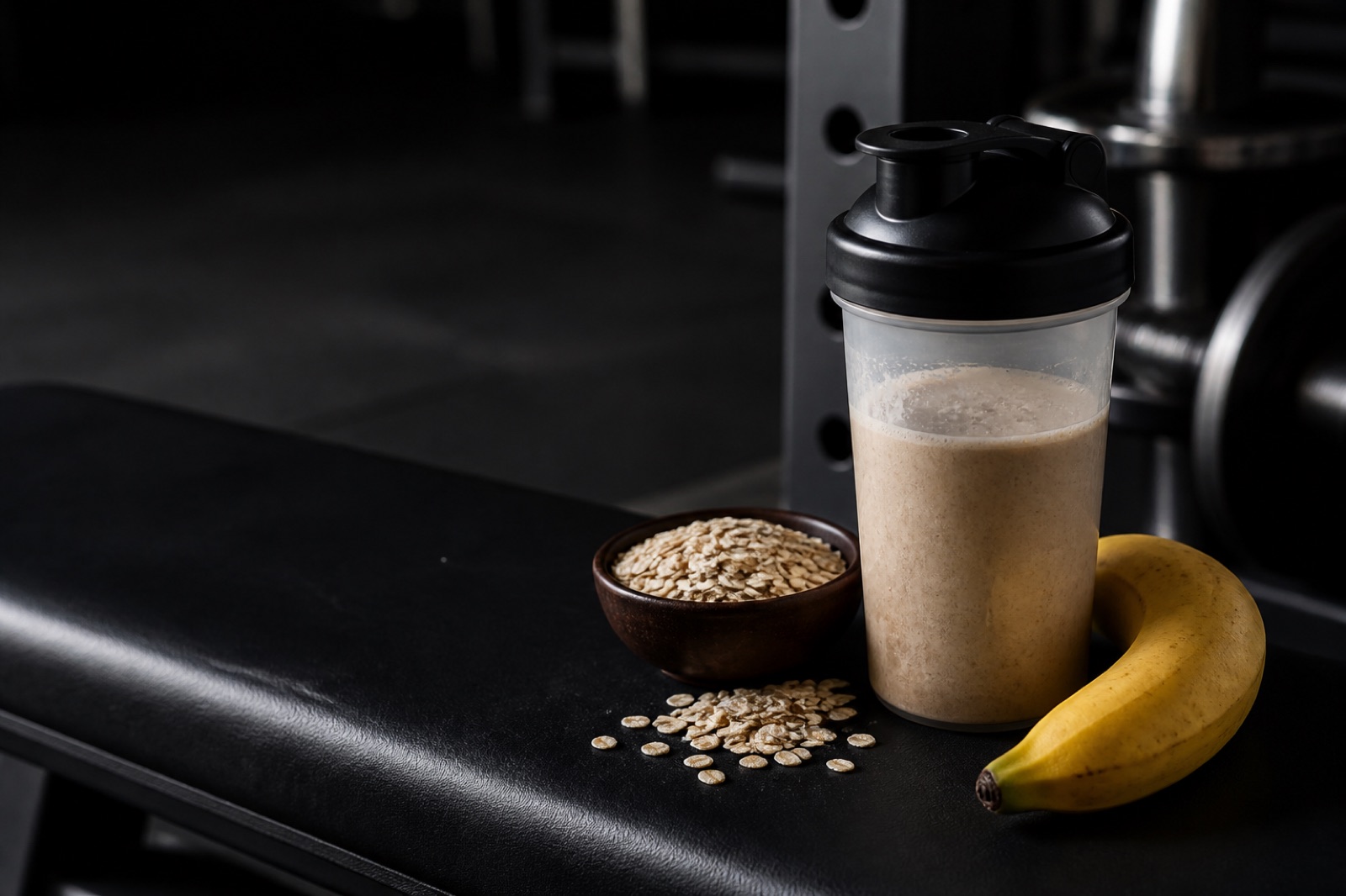 Shaker med tjock gainer-shake på en mörk bänk bredvid havregryn och en banan