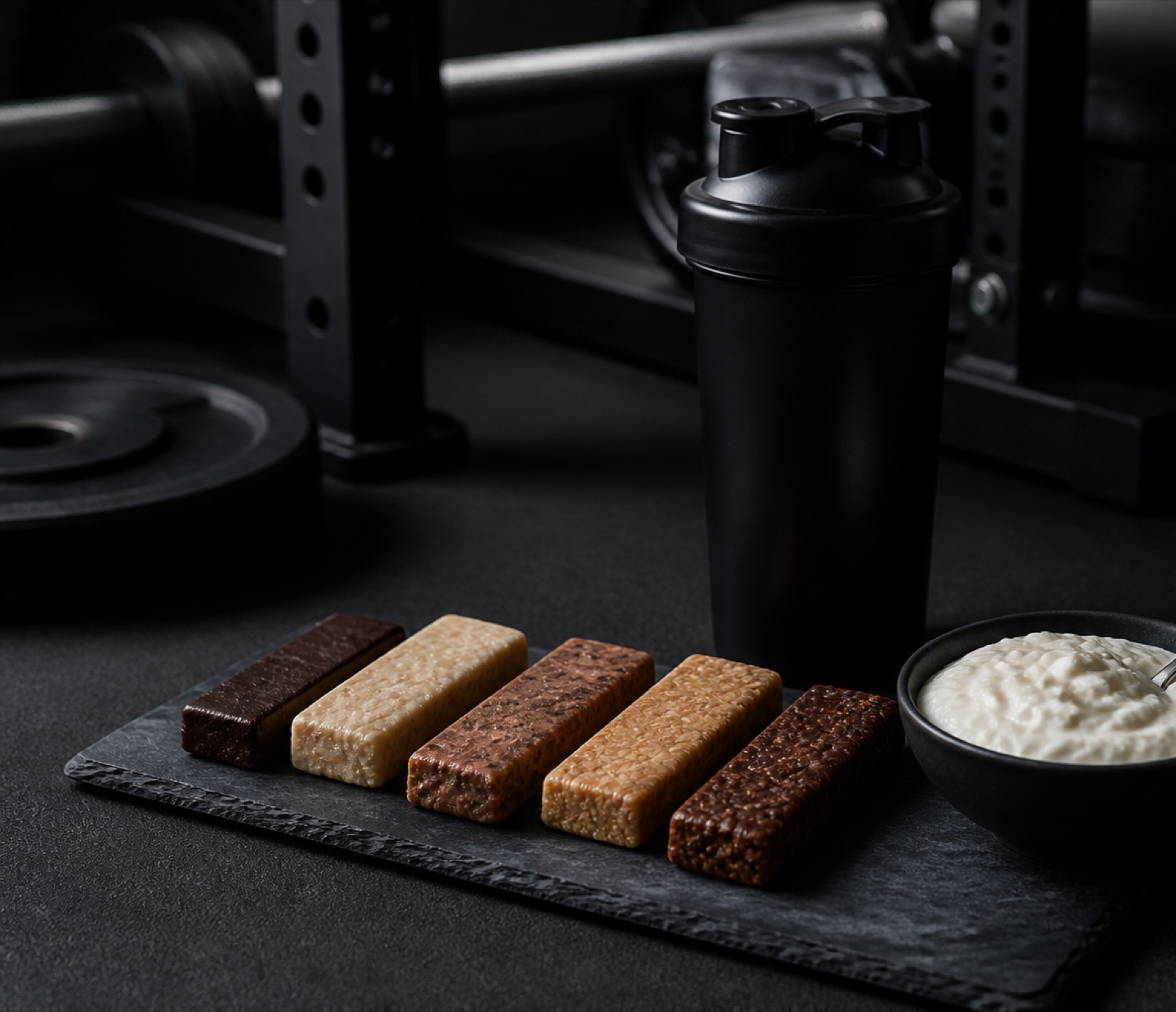 Proteinbars uppradade på en mörk yta bredvid en shaker och en skål kvarg
