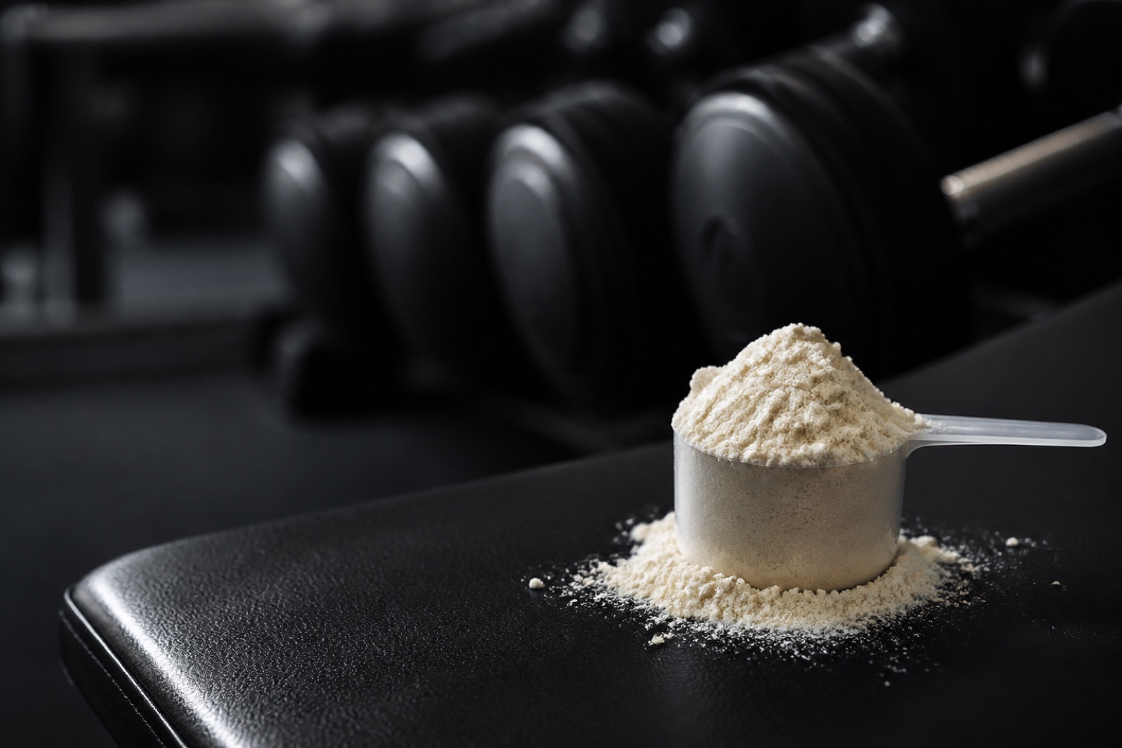 Måttskopa med vasslebaserat proteinpulver på en svart gymbänk med hantlar i bakgrunden