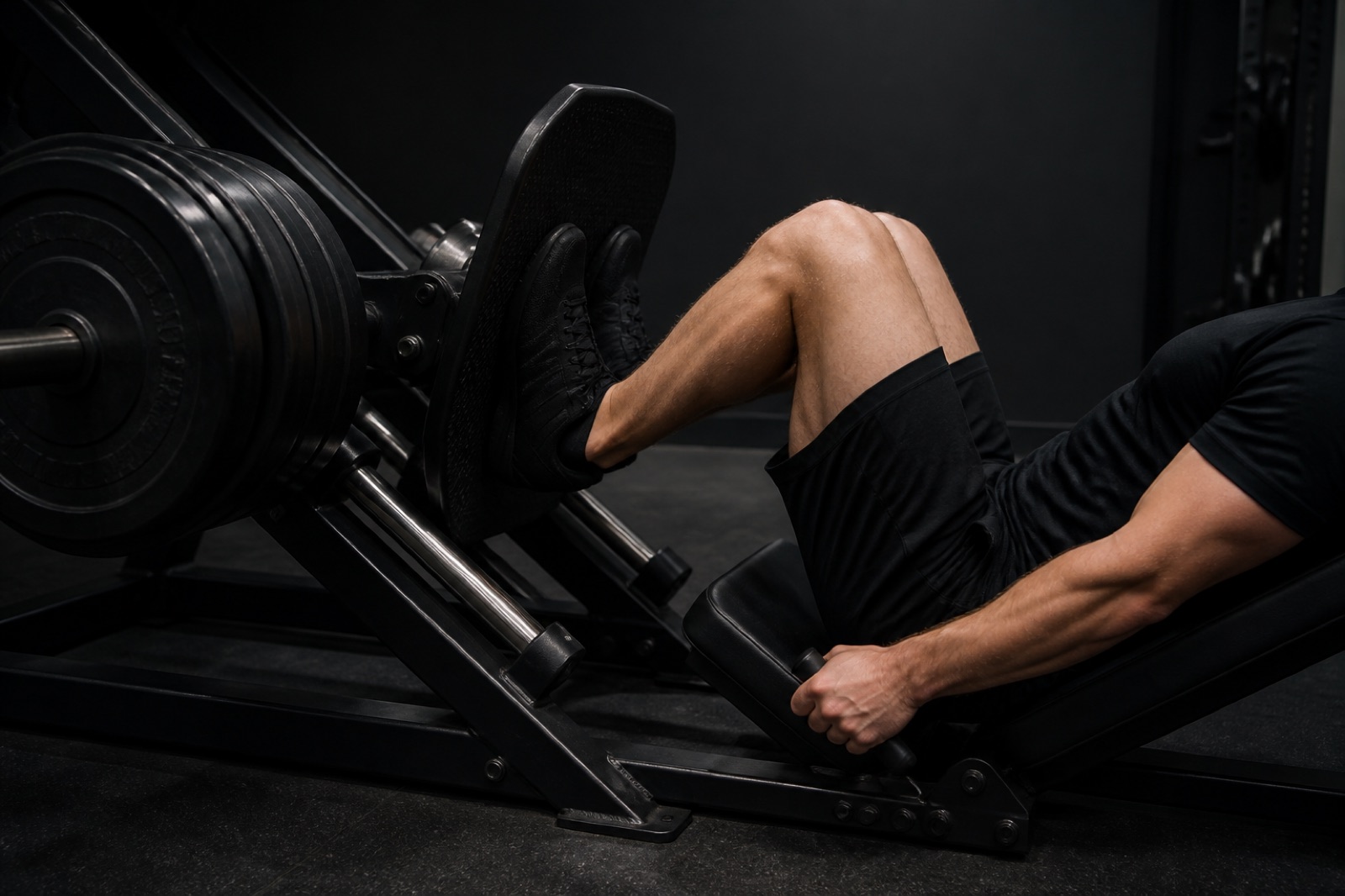 Person som utför benpress i maskin i ett gym, sedd från sidan