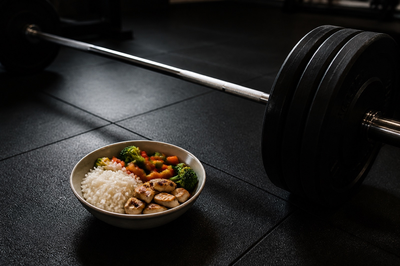 Skivstång laddad med viktskivor på ett gymgolv bredvid en måltid med ris, kyckling och grönsaker — träning och mat är grunden när du ska bulka