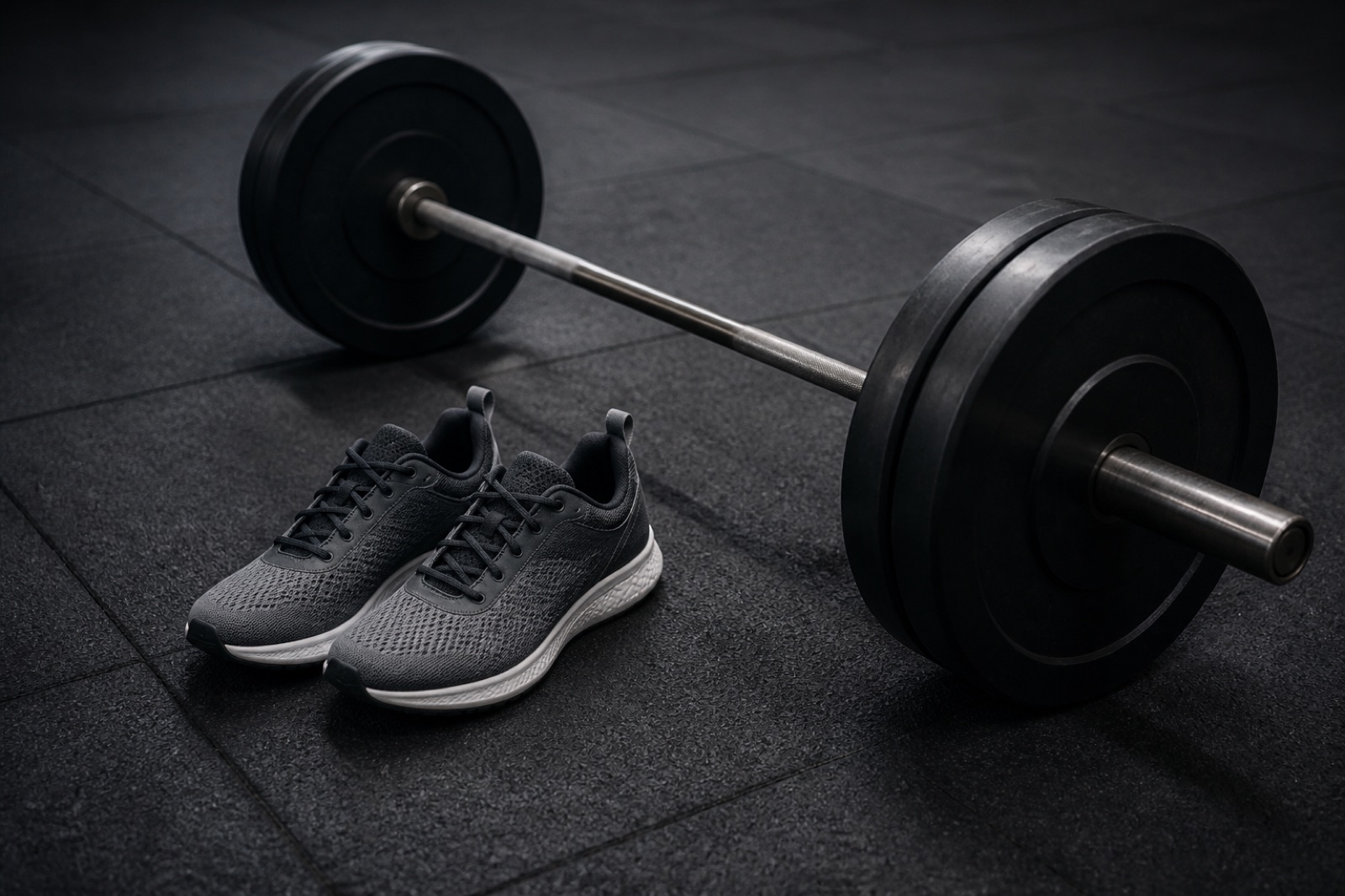 Löparskor och en skivstång på ett mörkt gymgolv