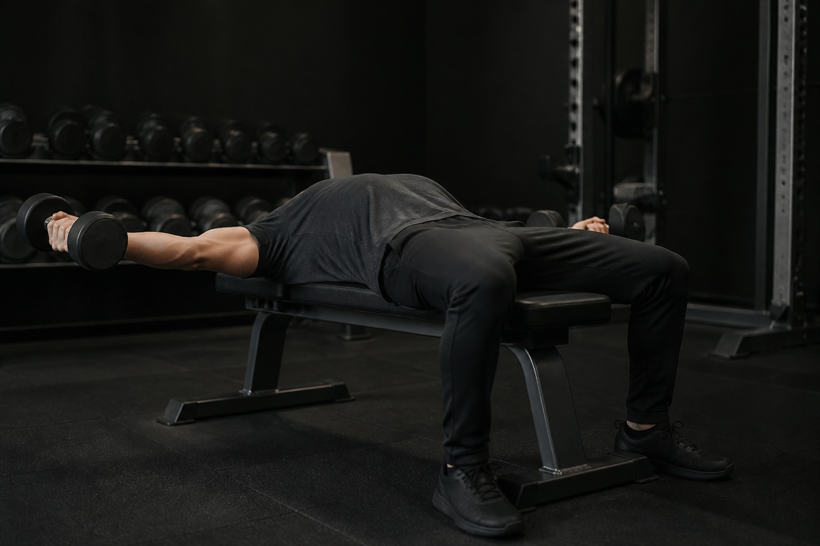 Person som utför flyes med hantlar liggande på en bänk i ett gym, sedd från sidan