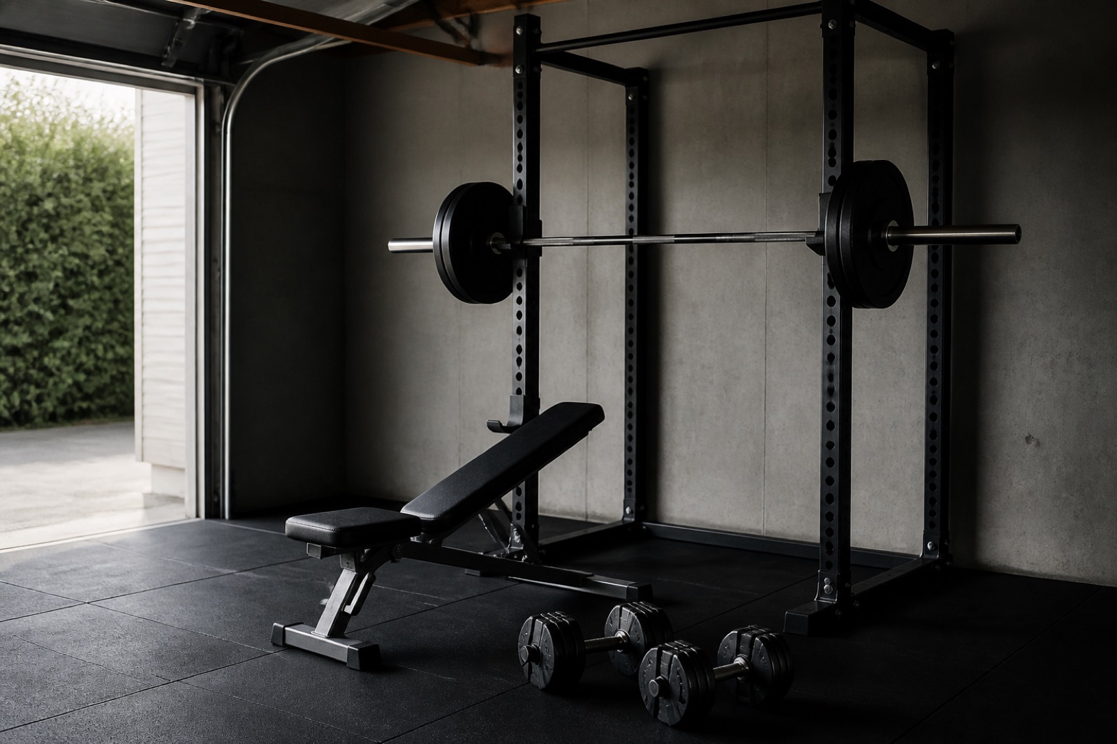 Hemmagym med skivstång i ställning, hantlar och en träningsbänk i ett garage
