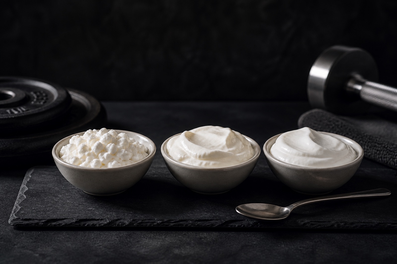 Skålar med keso, kvarg och skyr sida vid sida på en mörk stenyta med en sked