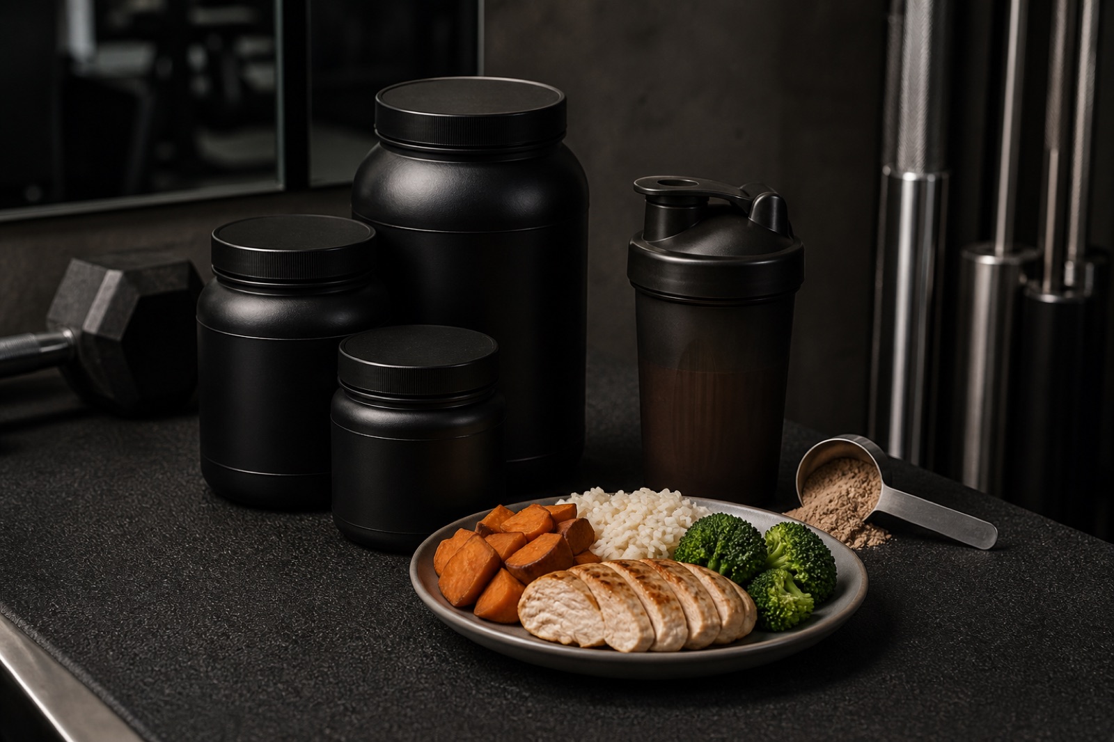 Flera omärkta burkar och shakers med kosttillskott på en mörk yta bredvid en tallrik med vanlig mat