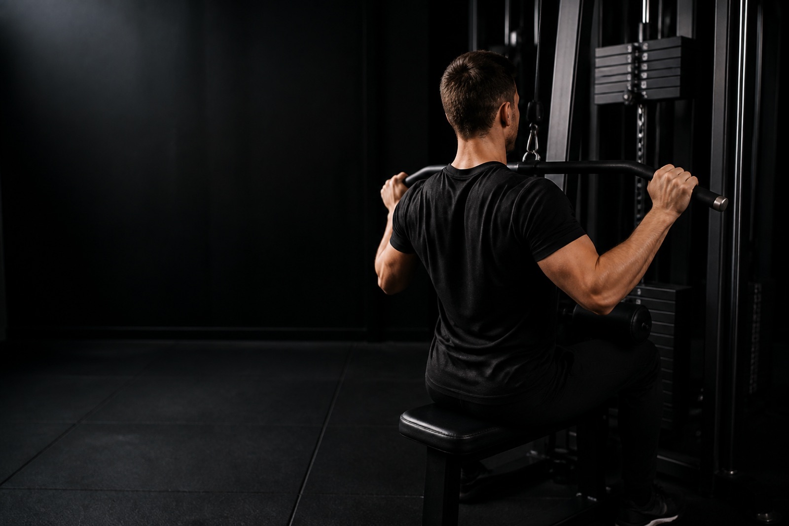 Person som utför latsdrag i en kabelmaskin i ett gym, sedd snett bakifrån