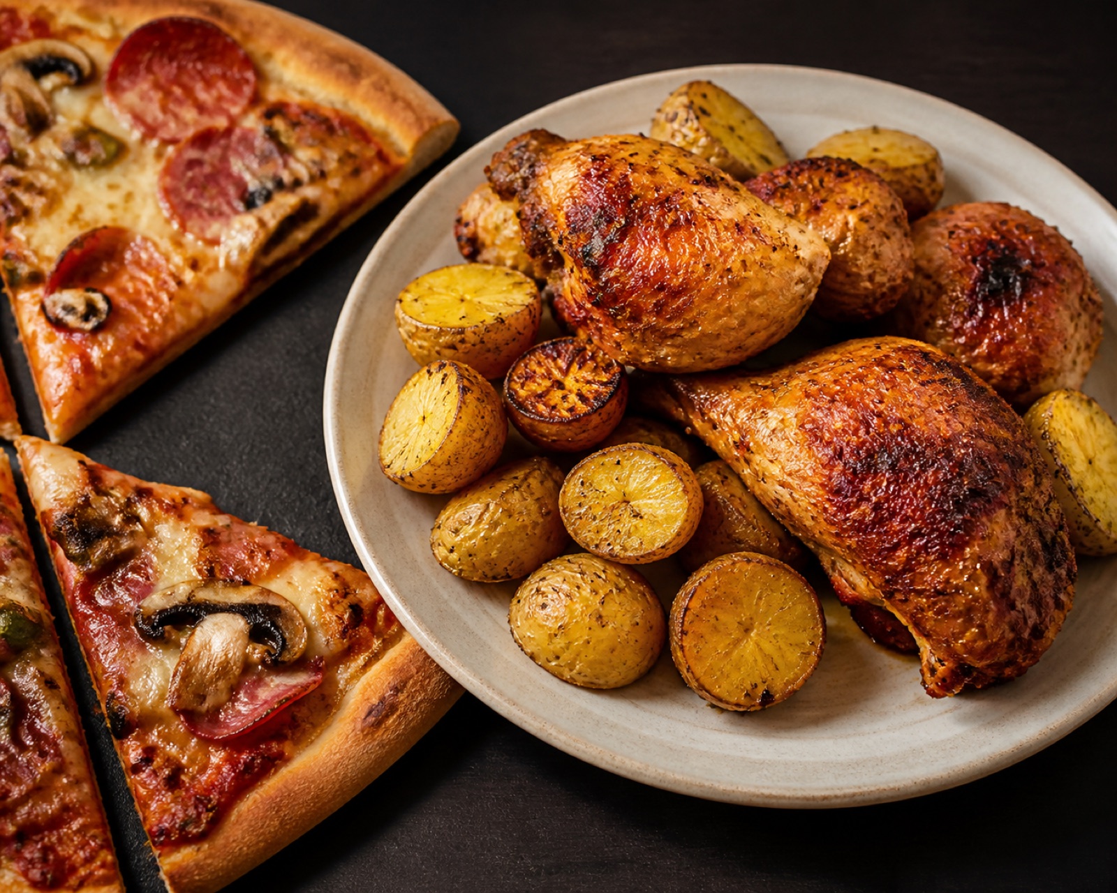 En tallrik med kyckling och potatis bredvid två pizzabitar på en mörk bänkskiva
