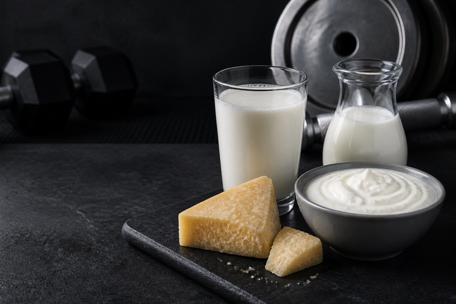 Mejeriprodukter på en mörk stenyta: ett glas mjölk, bitar av hårdost, en skål yoghurt och en kanna filmjölk