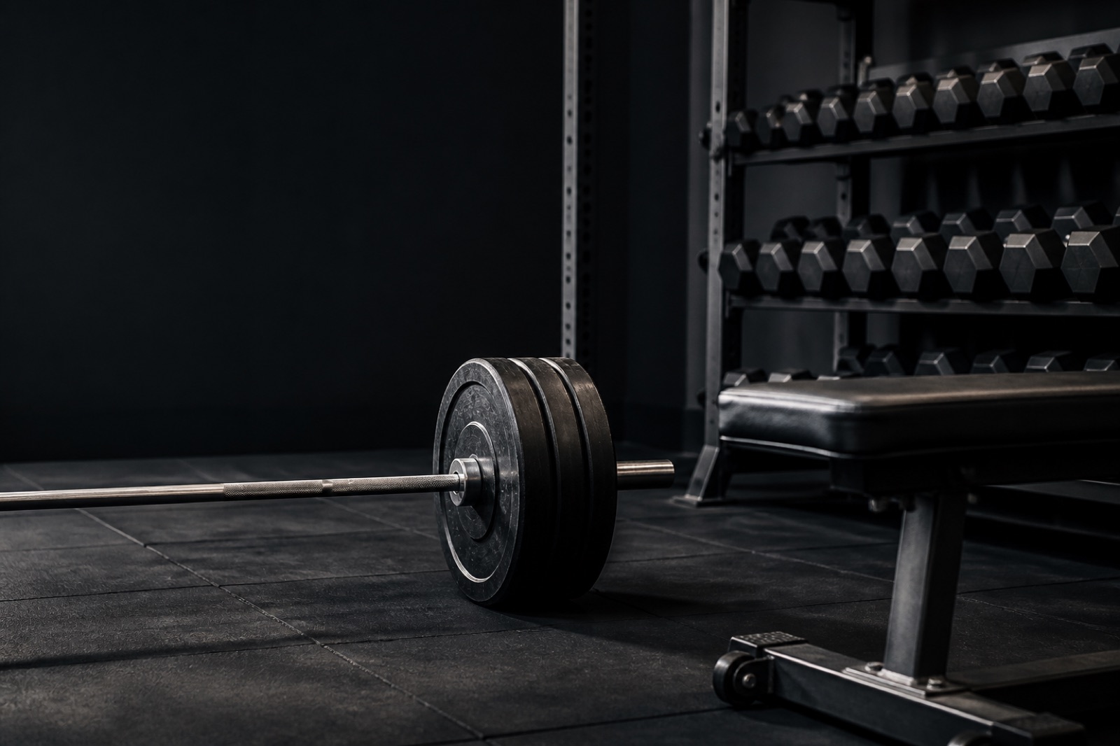 Skivstång, hantlar och en träningsbänk i ett mörkt gym — basövningarna som bygger muskelmassa