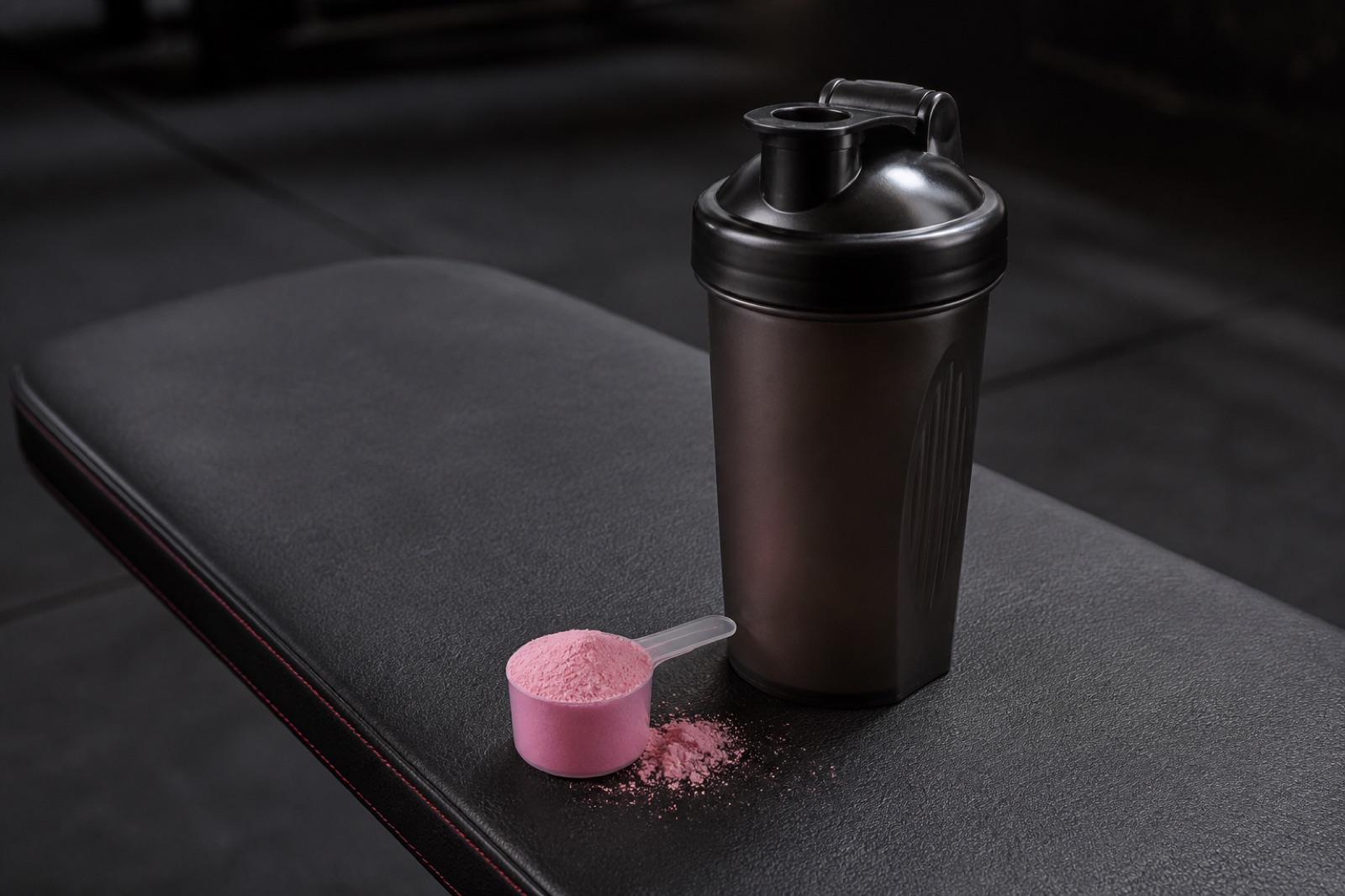 Shaker och ett mått rosa pulver på en mörk träningsbänk