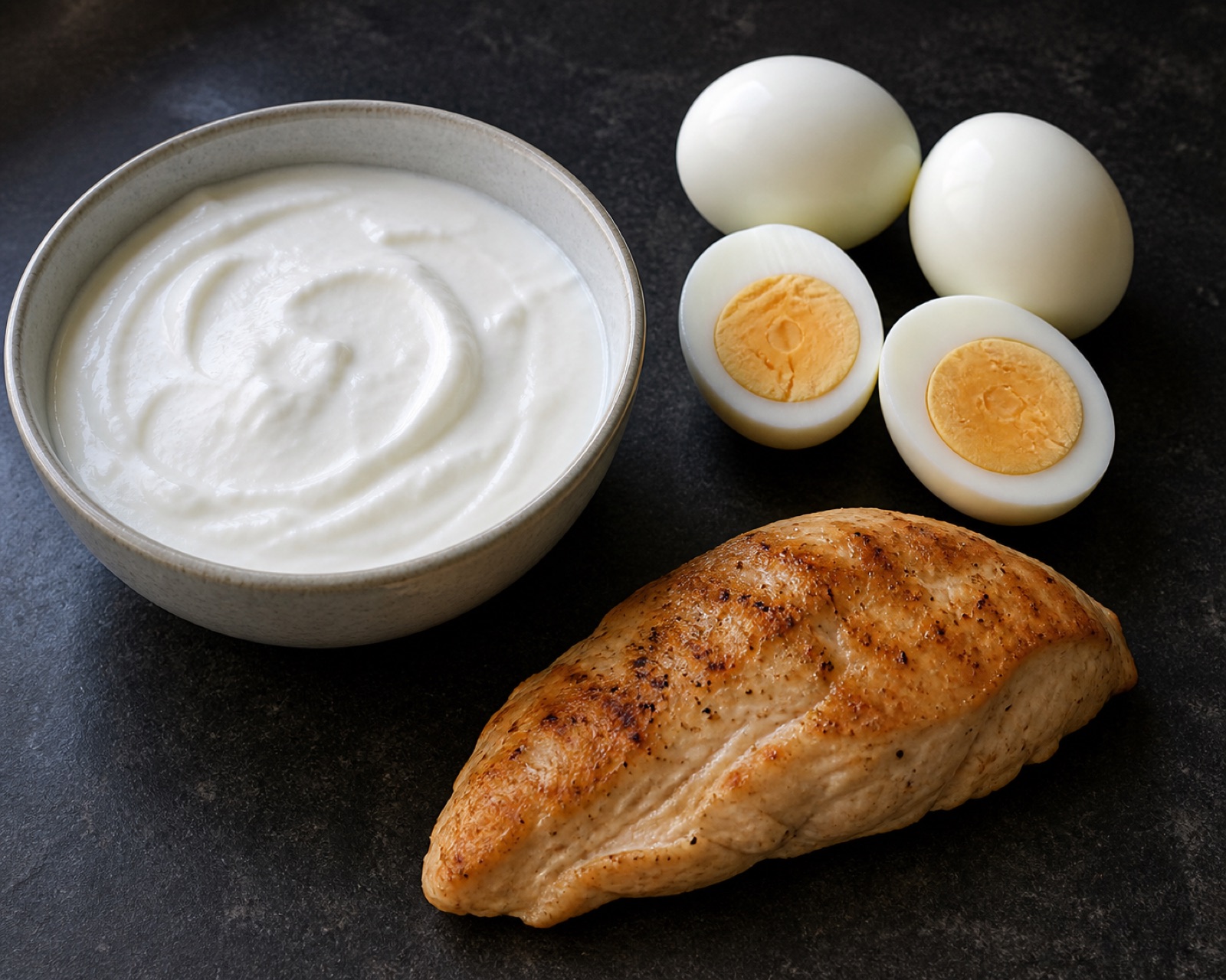 Skål med kvarg, kokta ägg och kycklingfilé på en mörk bänkskiva