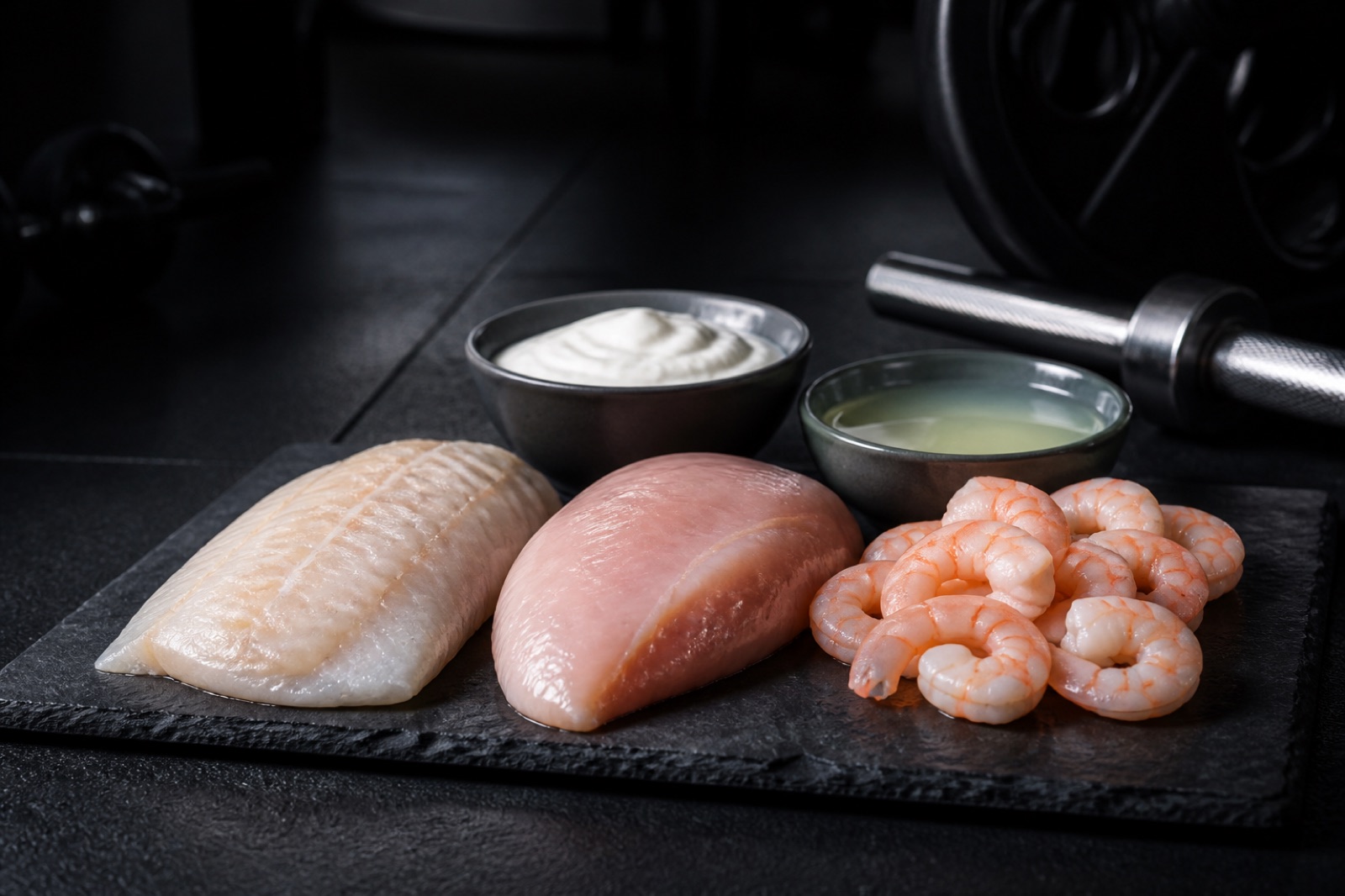 Mager proteinrik mat på en mörk yta: torskfilé, kycklingbröst, räkor, kvarg och äggvitor
