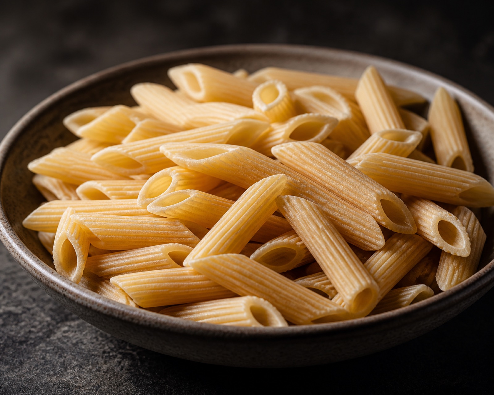 Torr pasta i en skål på en mörk yta
