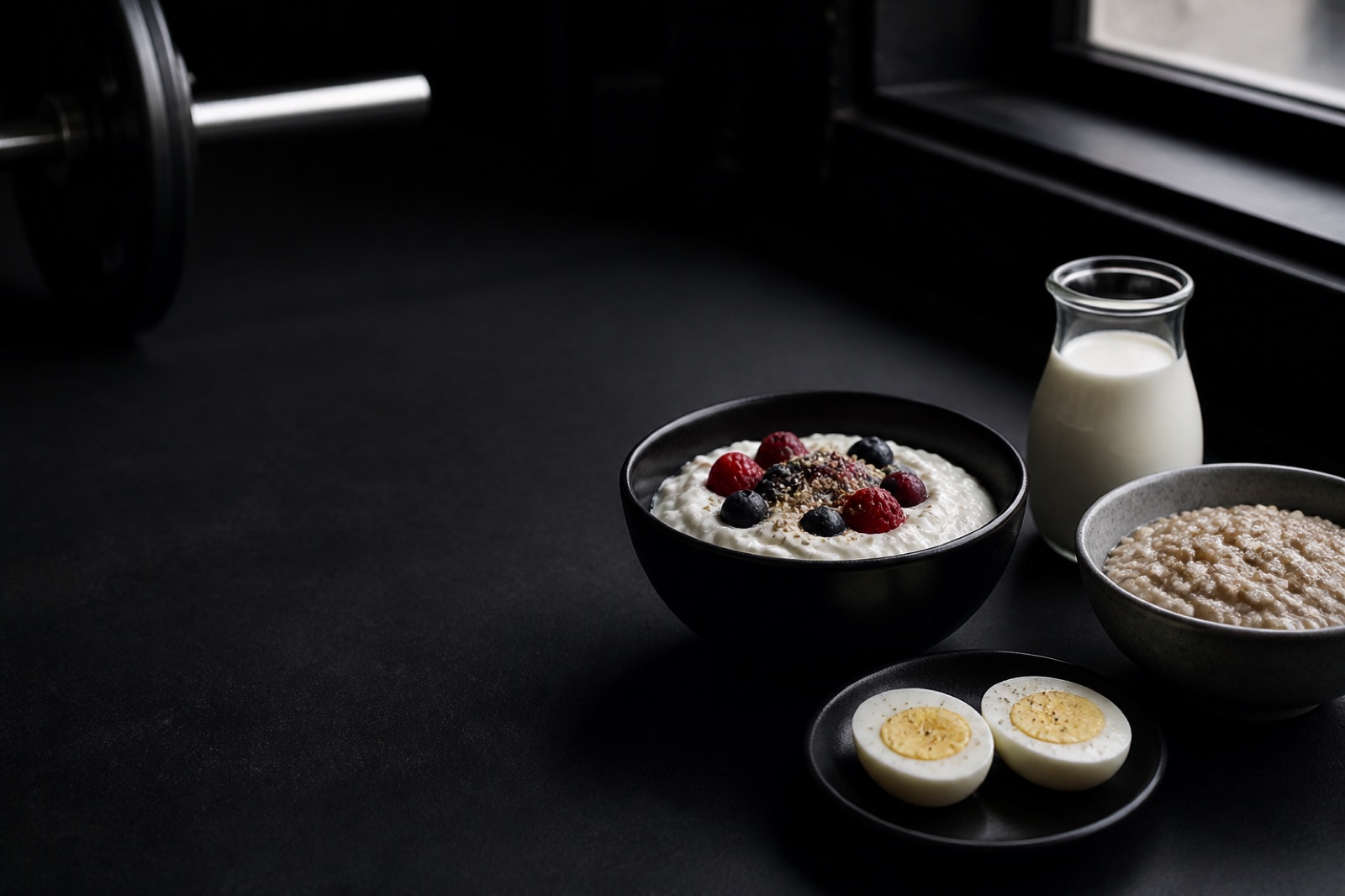 Proteinrik frukost på ett mörkt bord: skål med kvarg och bär, kokta ägg och en skål havregrynsgröt