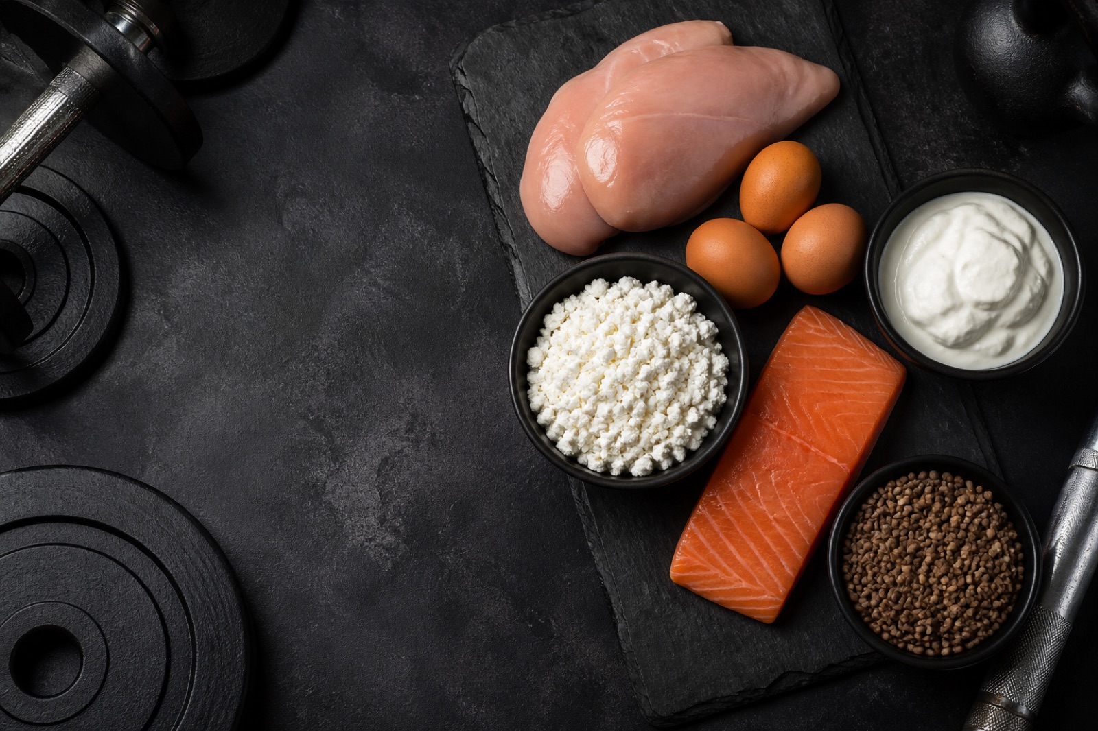 Proteinrik mat på en mörk yta: kycklingfilé, ägg, keso, kvarg, lax och linser