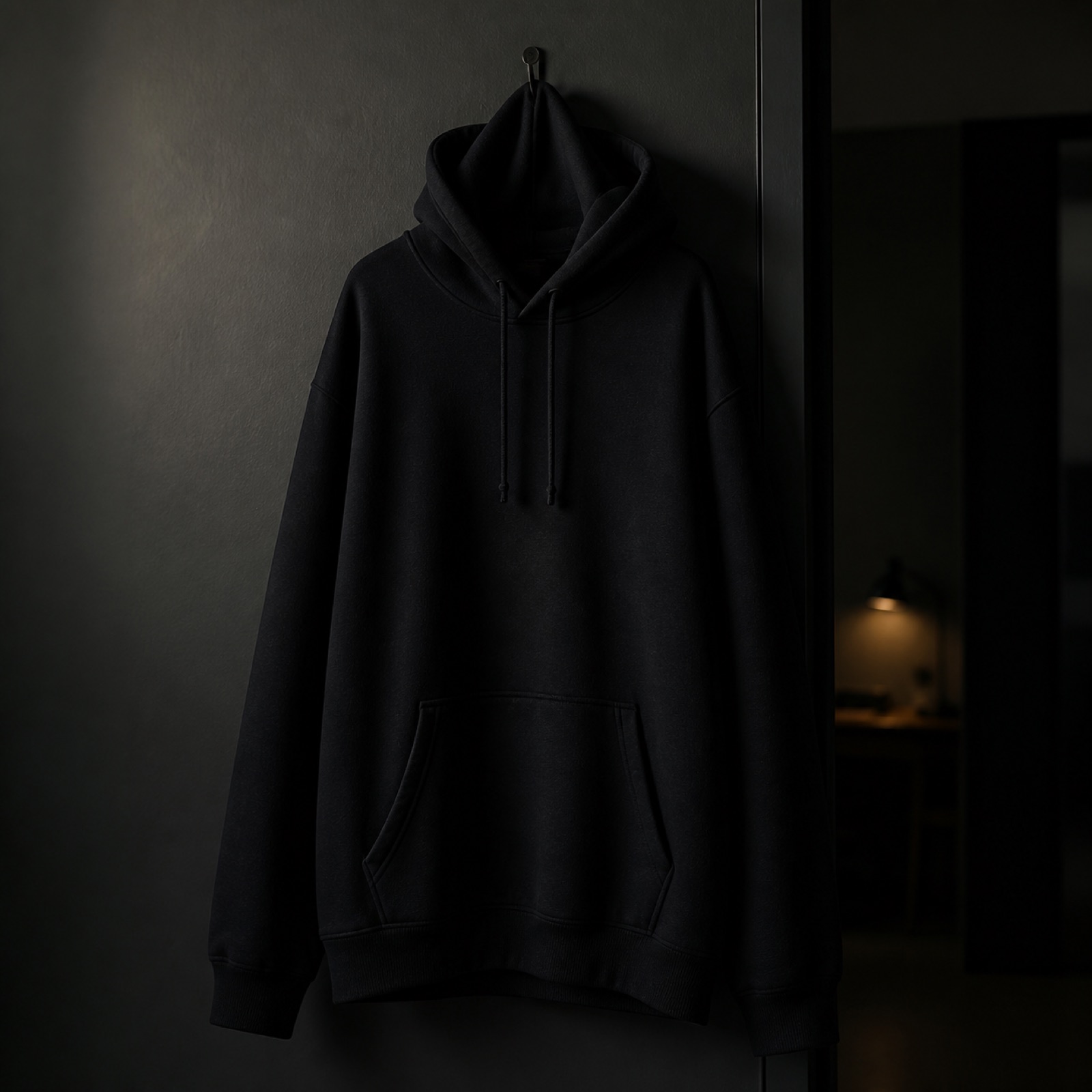 Svart oversized hoodie hängande på en krok i ett mörkt rum