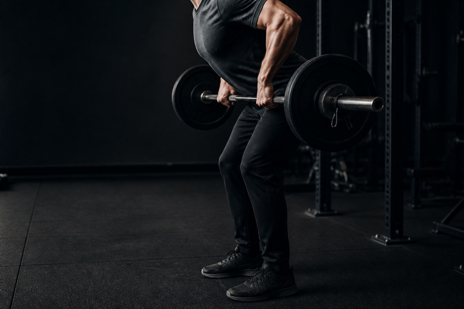 Person som utför skivstångsrodd med laddad skivstång i ett gym, sedd från sidan