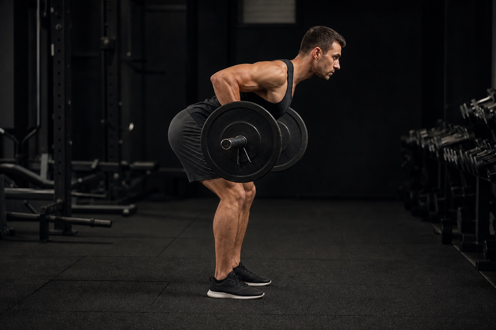 Person som utför skivstångsrodd med framåtlutad överkropp i ett gym, sedd från sidan