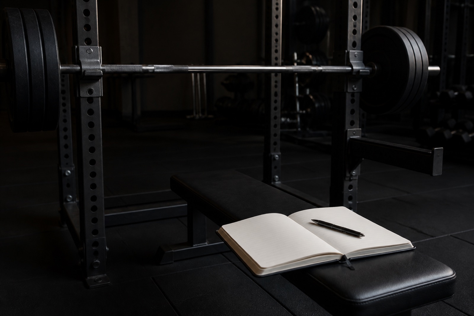 Skivstång i ett ställ och en träningsdagbok på en bänk i ett gym — träningsprogram för muskelmassa