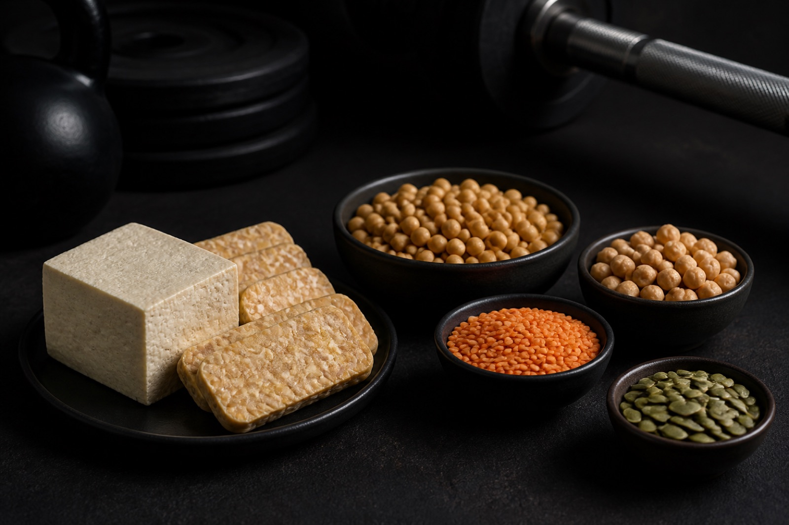 Växtbaserade proteinkällor på en mörk yta: tofu, tempeh, sojabönor, linser, kikärtor och pumpakärnor