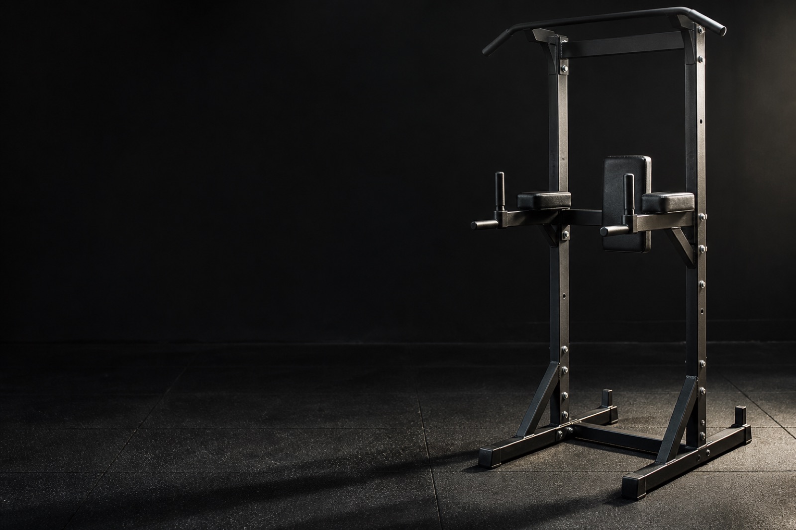 Svart power tower för chins och dips i ett hemmagym