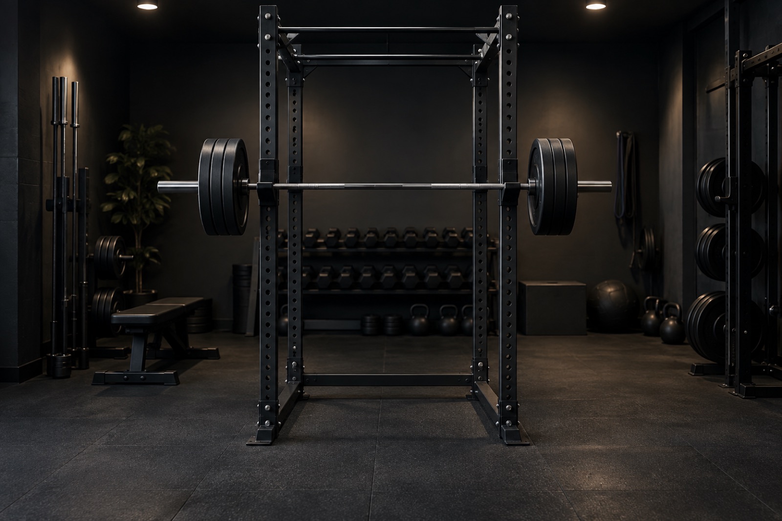 Svart squat rack med laddad skivstång i ett mörkt hemmagym